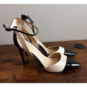 Marc Fisher Womens Beige & Black Patent leather Salley Toe Strap Heels Size 9M